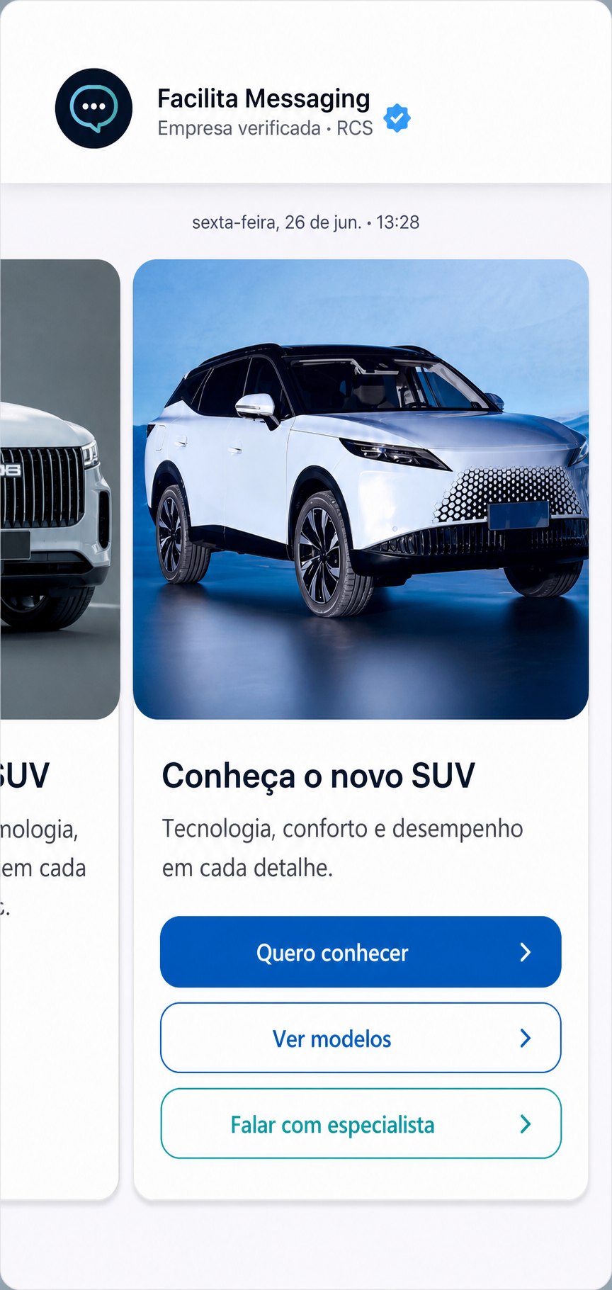 Carrossel RCS da Facilita Messaging com campanha automotiva e botões de ação