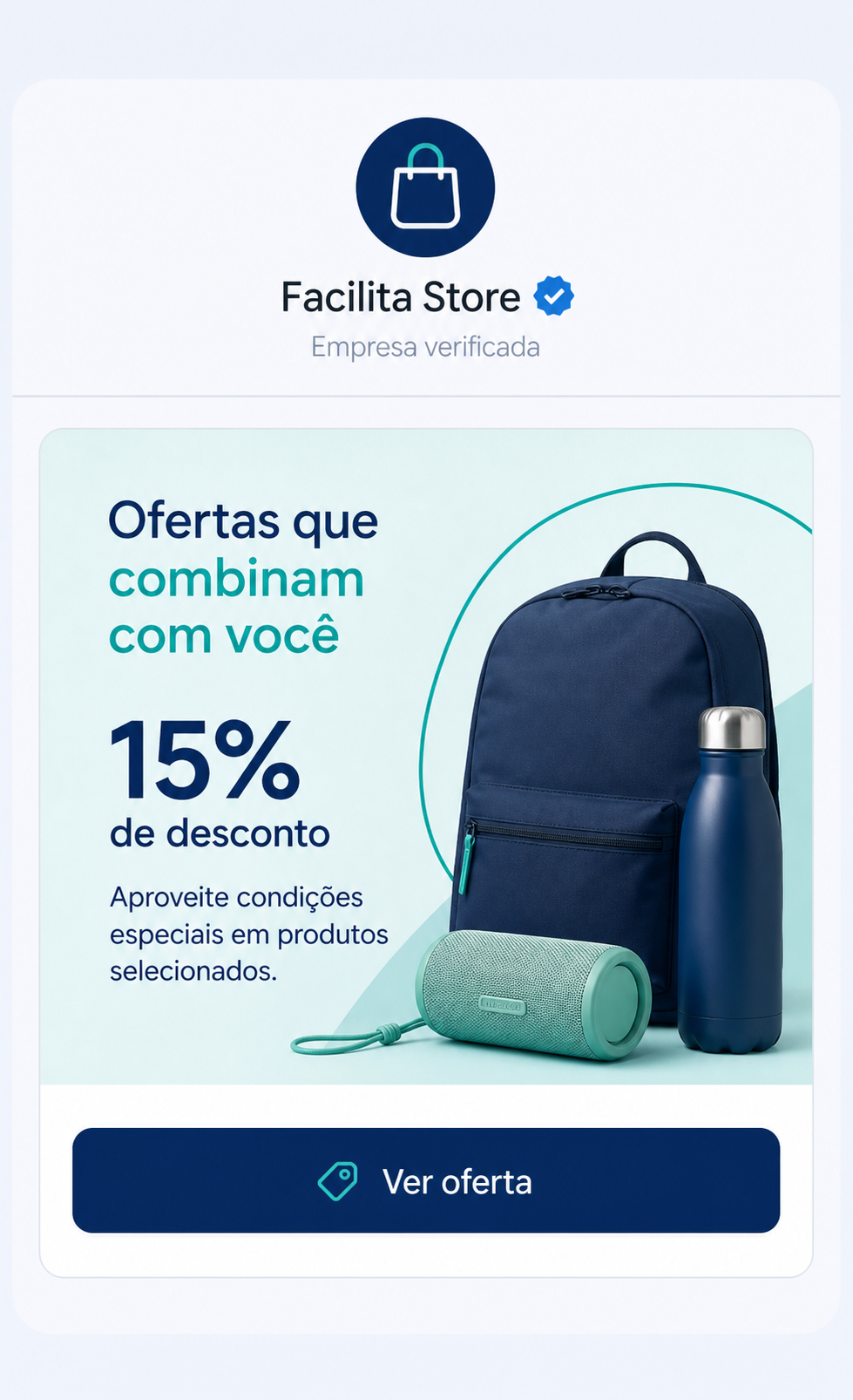 Mensagem RCS da Facilita Store com imagem promocional e botão Ver oferta
