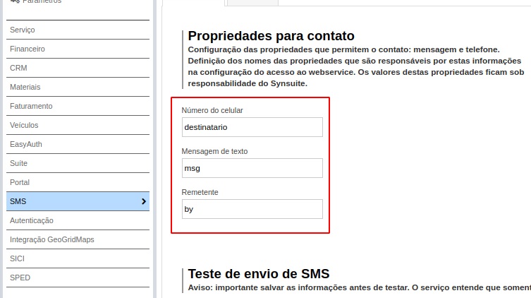 Acesso aos parametros de SMS no SynSuite