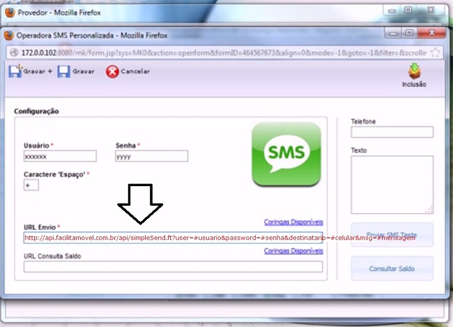 Tela de configuracao de SMS no MK Solutions