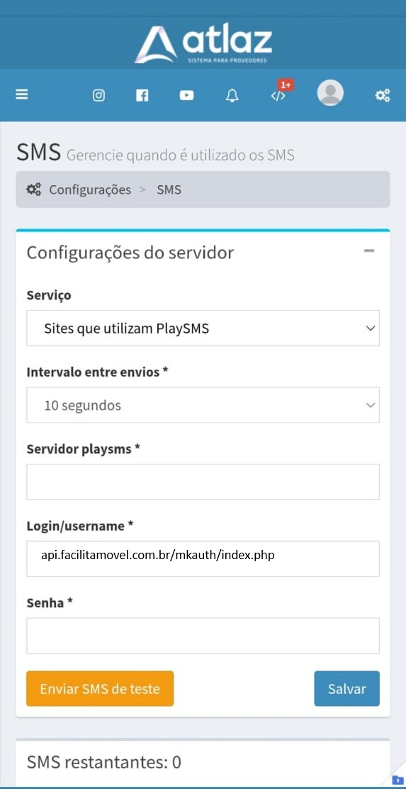 Tela inicial do MK-Auth com a integracao configurada